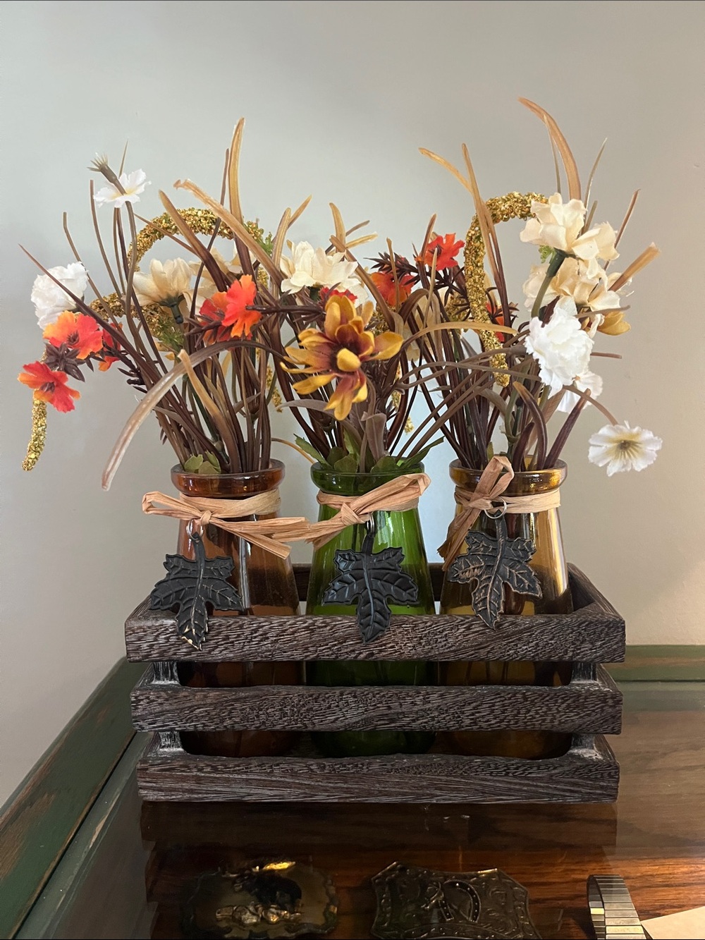 Rustic Fall Floral Bottle Trio - Neutral Brown & Cream Accent